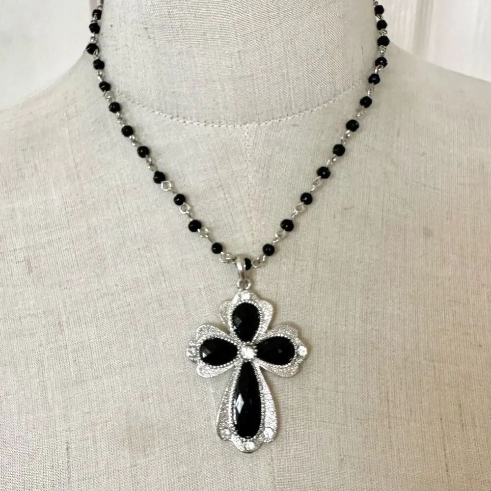 Black and silver tone cross pendant necklace
